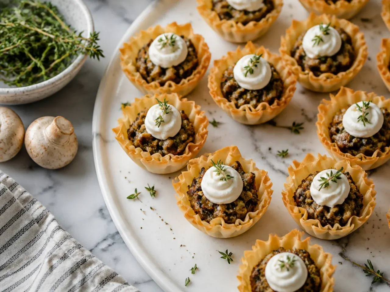 Mushroom and Gruyere phyllo cups garnished with fresh thyme