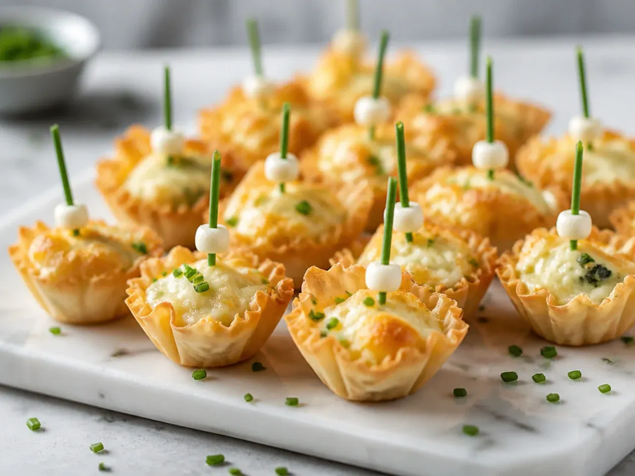 Three cheese phyllo cups topped with chopped chives, freshly baked