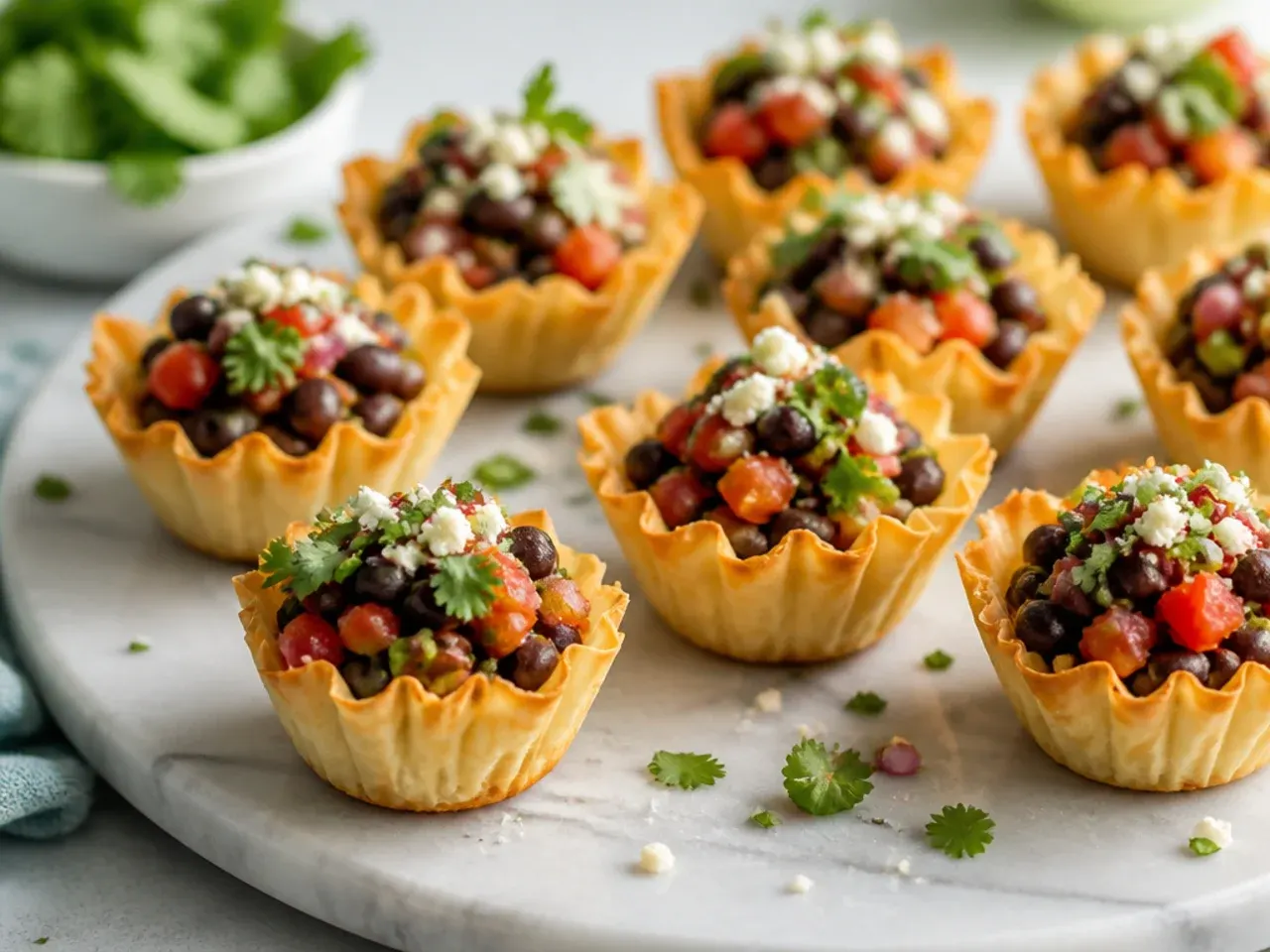 Black bean and salsa phyllo cups topped with melted cheese and coriander
