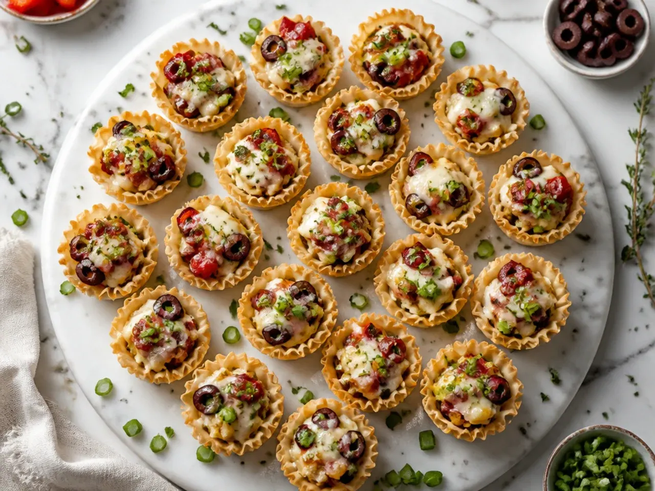 Antipasto phyllo cups with salami, mozzarella pearls and roasted red pepper