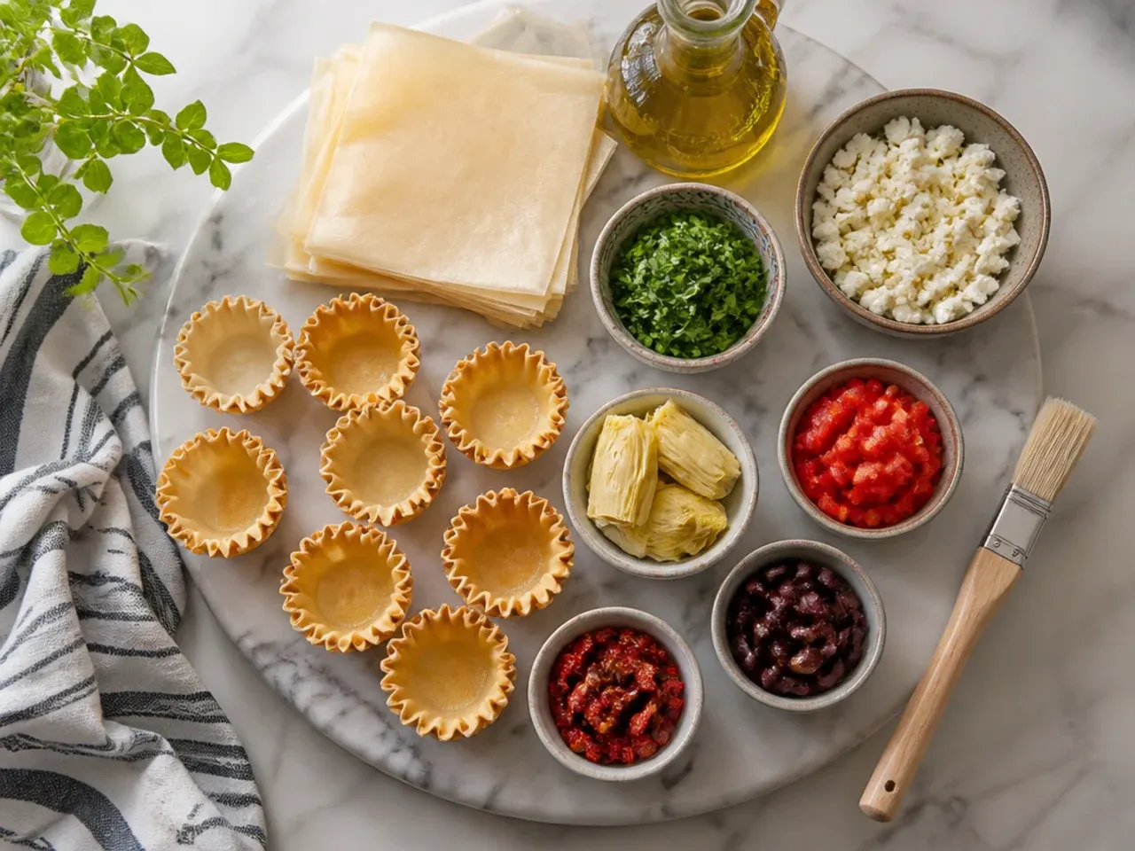 Hands filling a tray of empty phyllo cups with a spoon