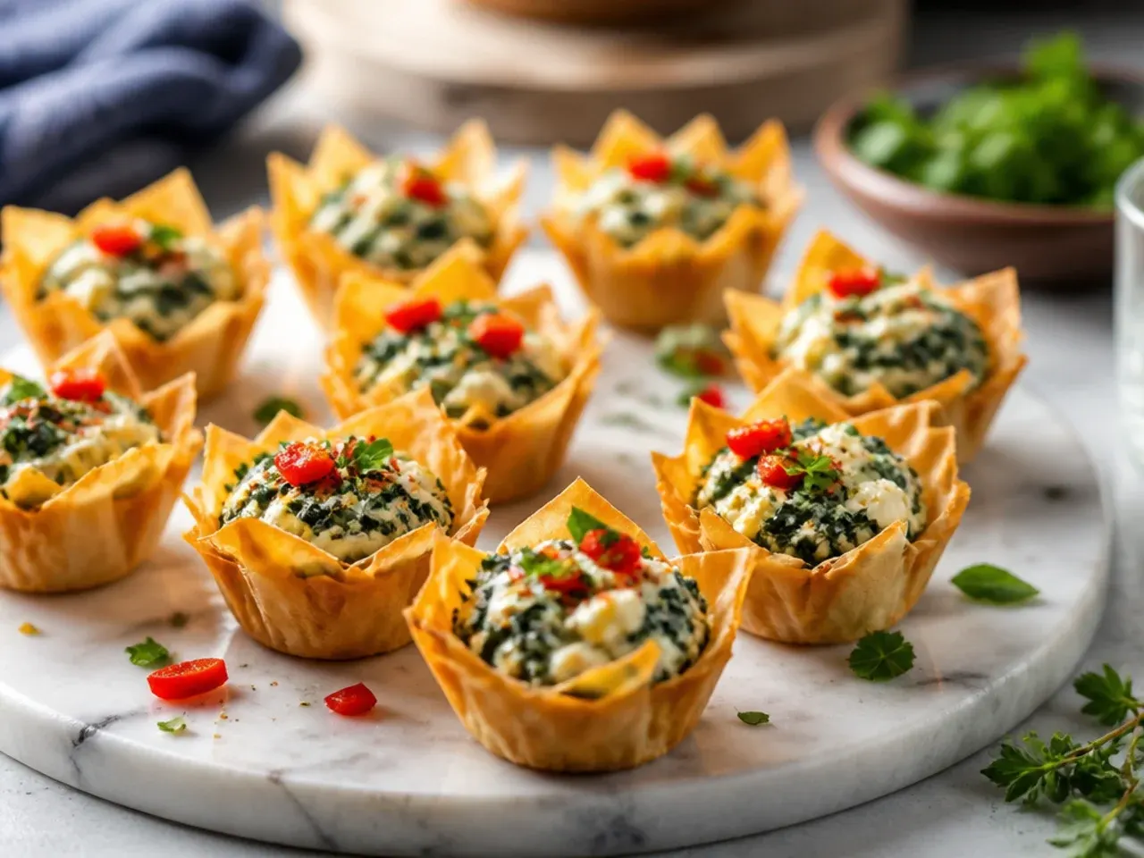 A party table with several platters of mixed phyllo cup appetizers