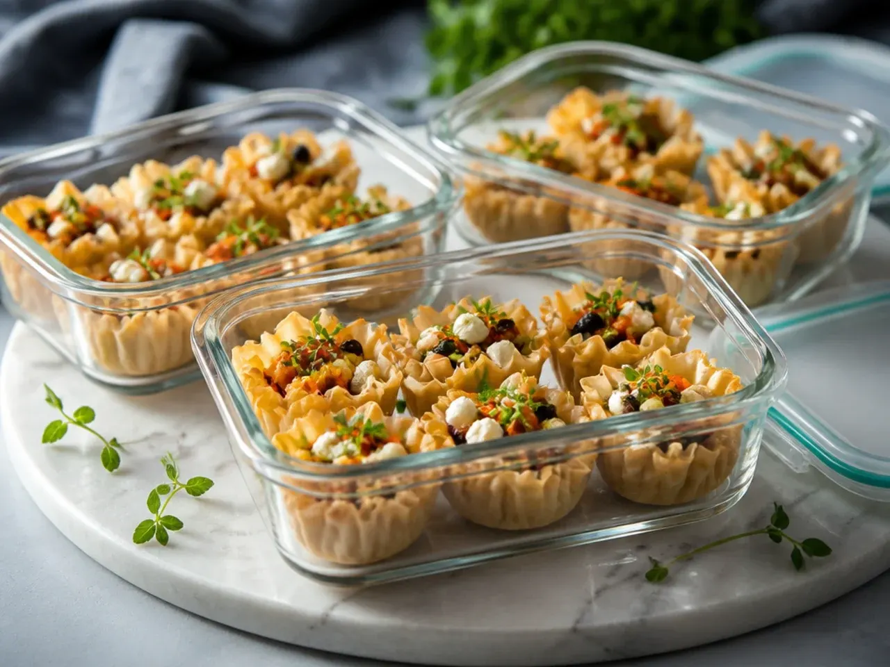 Phyllo cups stored in an airtight container layered with parchment paper