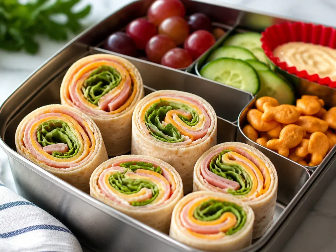 Flat lay of separated lunch box components including muffins, cheese cubes and sliced fruit