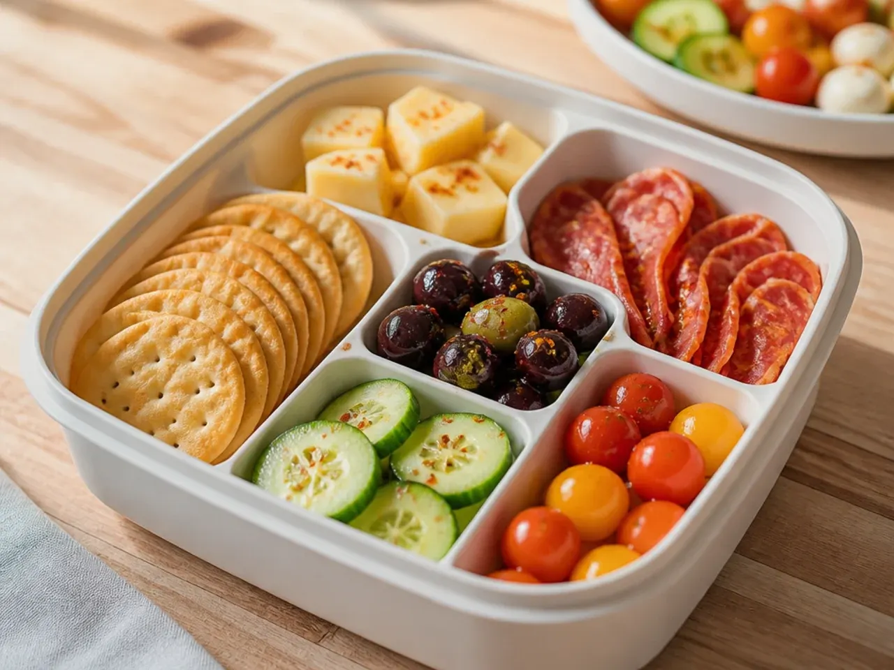 Bento box with quartered cheese, ham slices and crackers in separate compartments