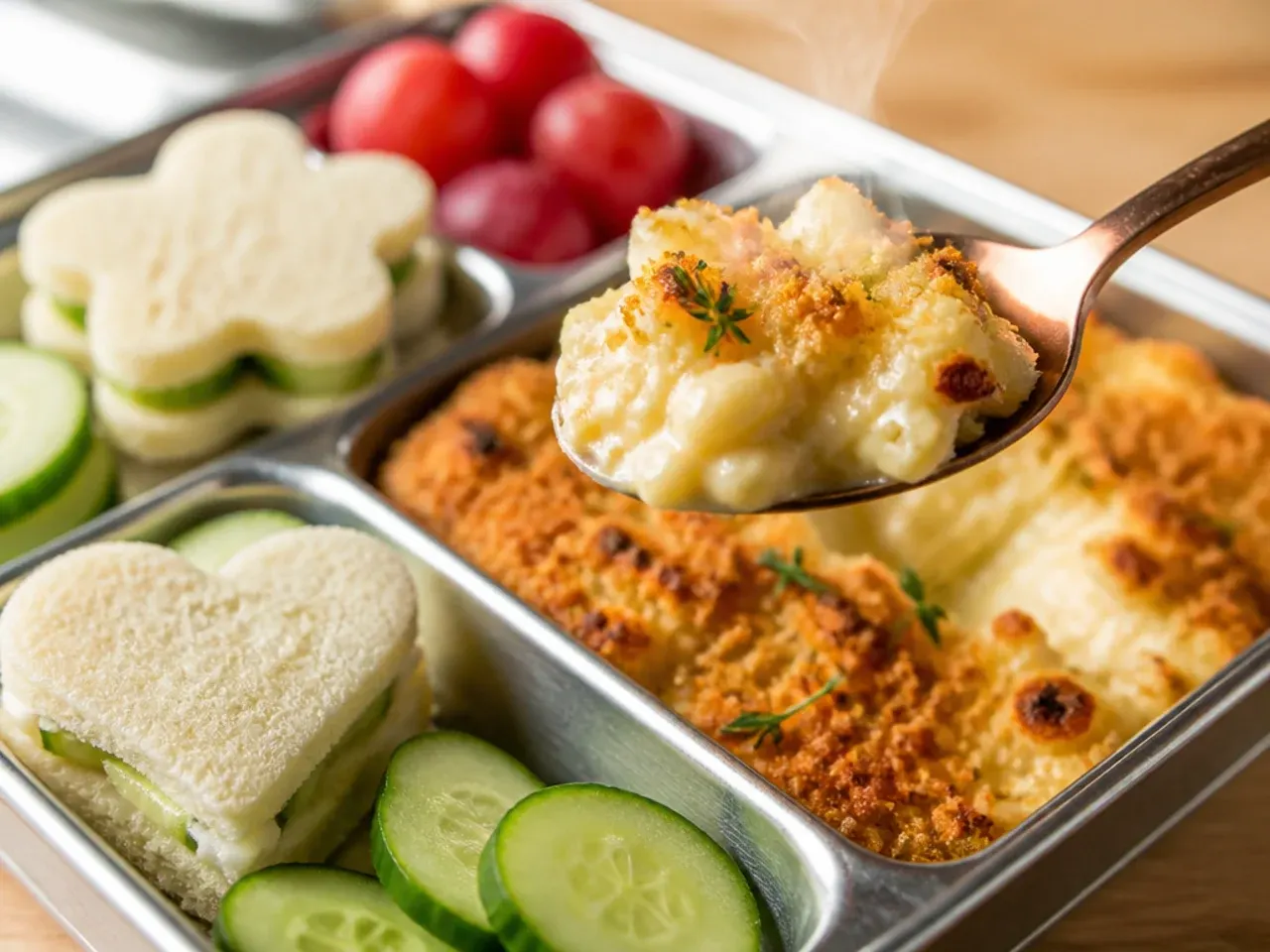 Star-shaped cheese sandwiches beside cucumber sticks in a lunch box