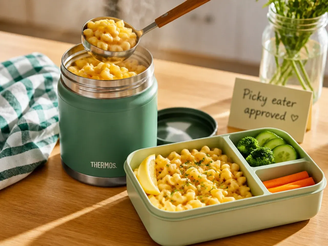 Steaming mac and cheese in an open wide-mouth food flask