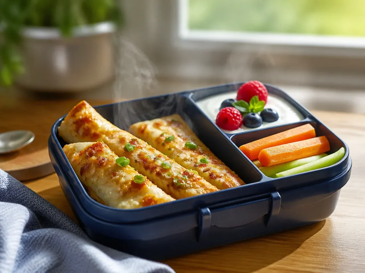 Yoghurt pot with breadsticks and whole berries kept separate in a lunch box
