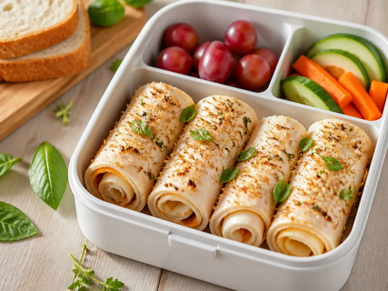 Sliced turkey and cheese roll-ups on cocktail sticks in a lunch box