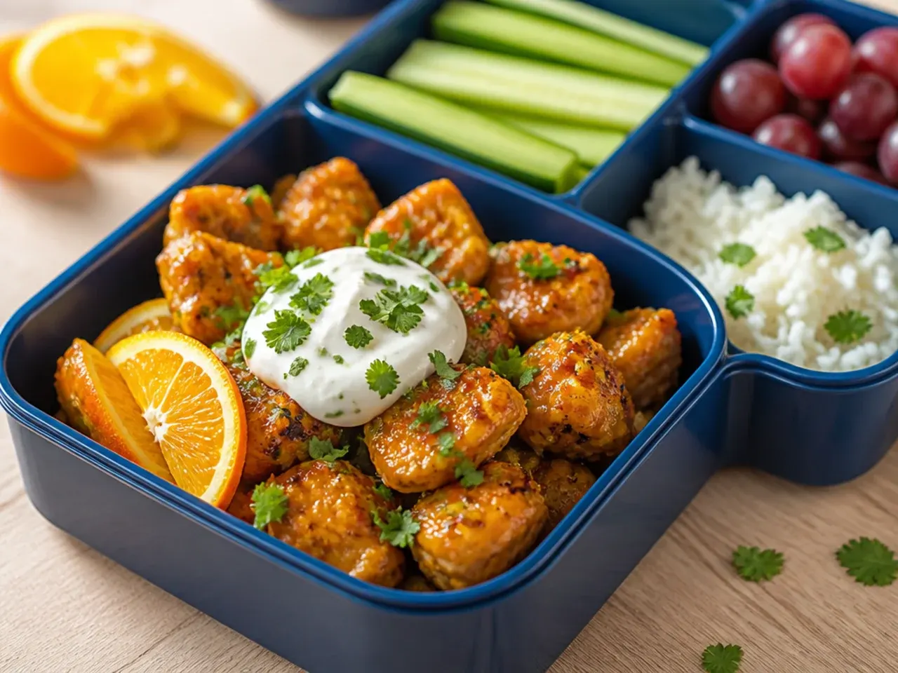 Glazed orange chicken bites next to plain chicken bites in a divided lunch box