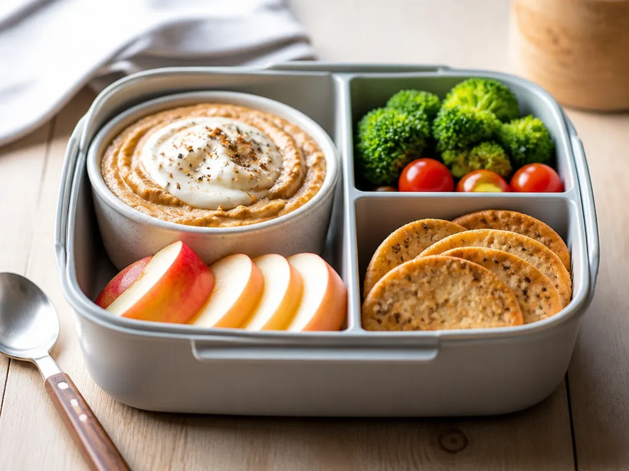 Apple wedges and a small pot of sunflower seed butter in a lunch box