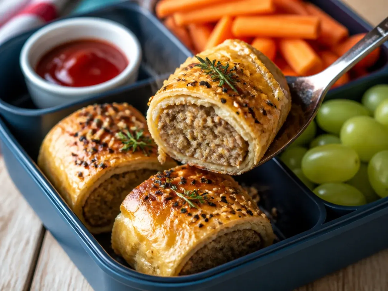Golden baked sausage rolls sliced into hand-sized pieces