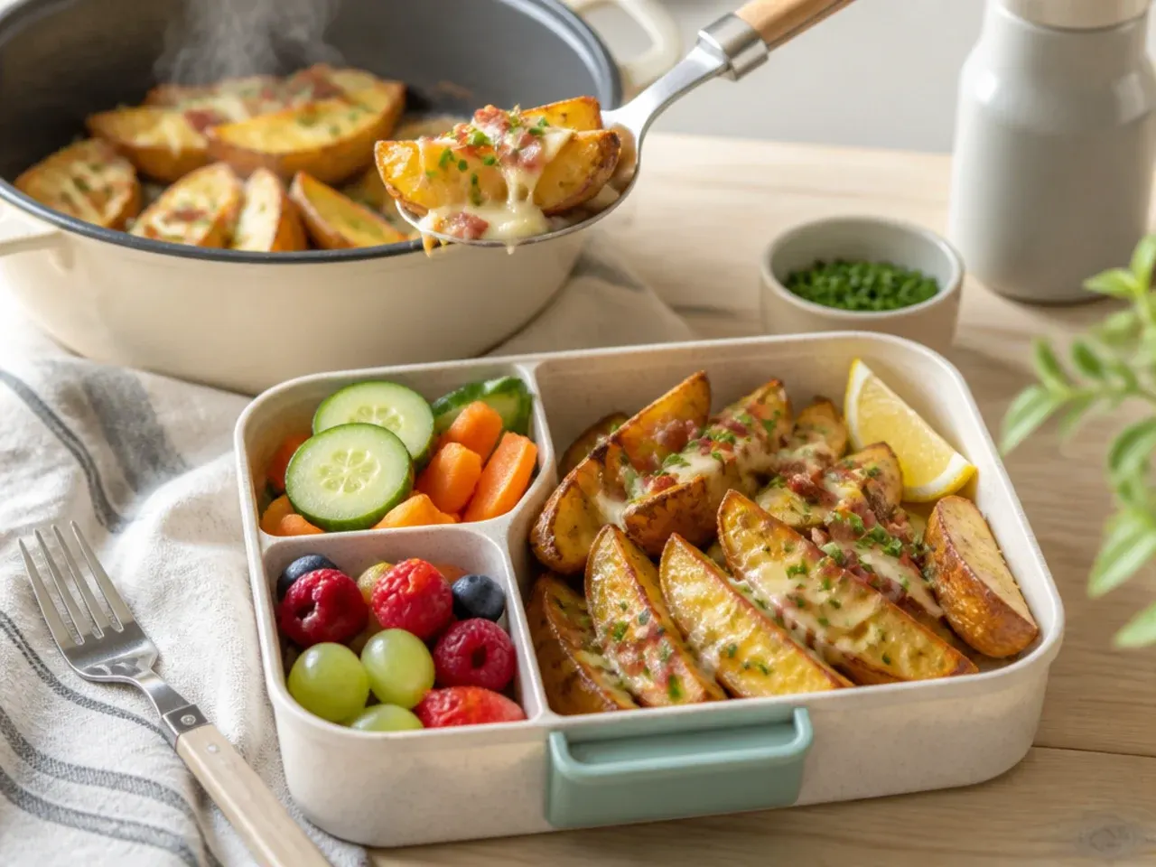 Crispy baked potato wedges topped with melted cheddar in a lunch box