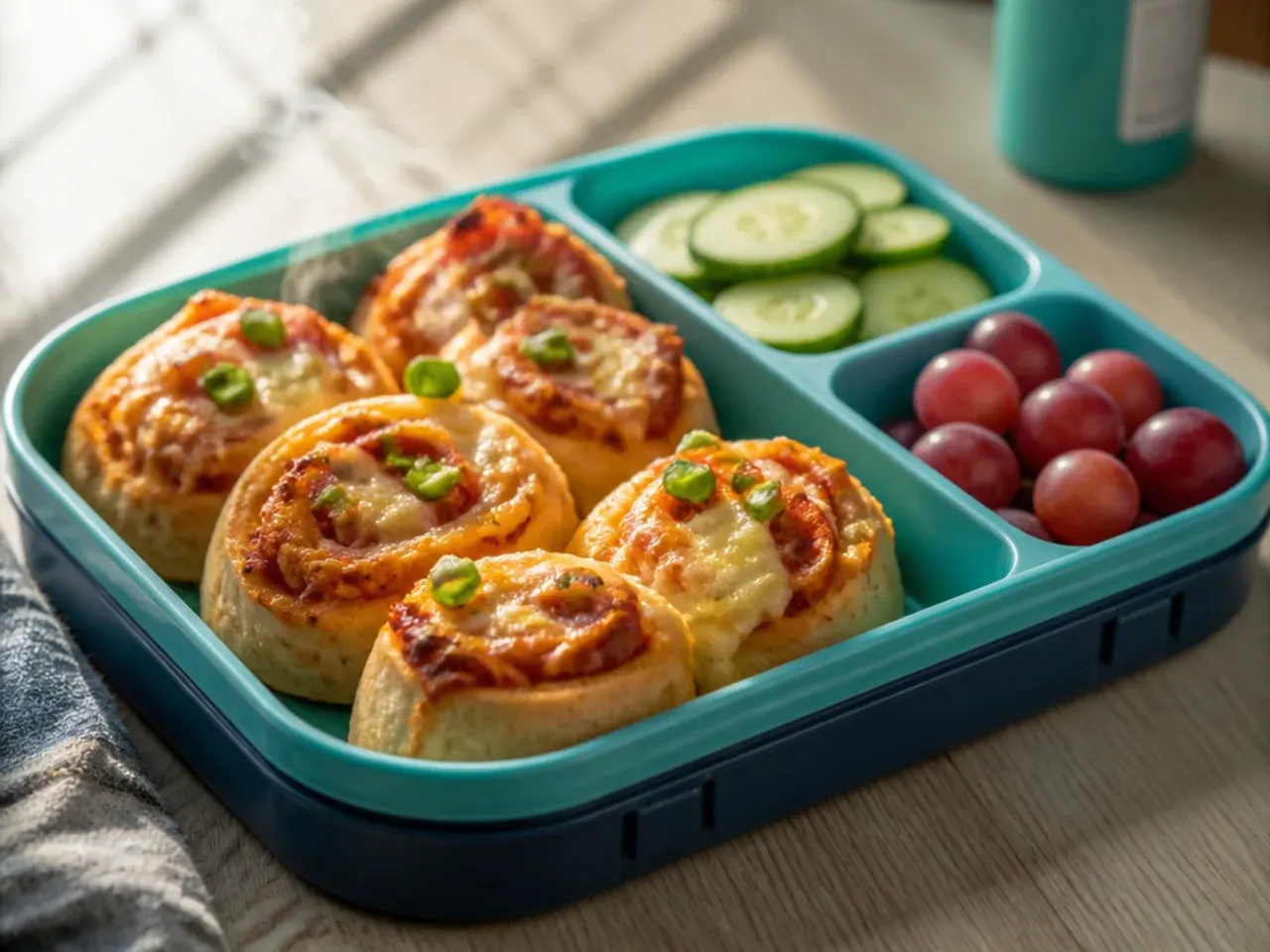 Golden pizza scrolls sliced into rounds on a cooling rack