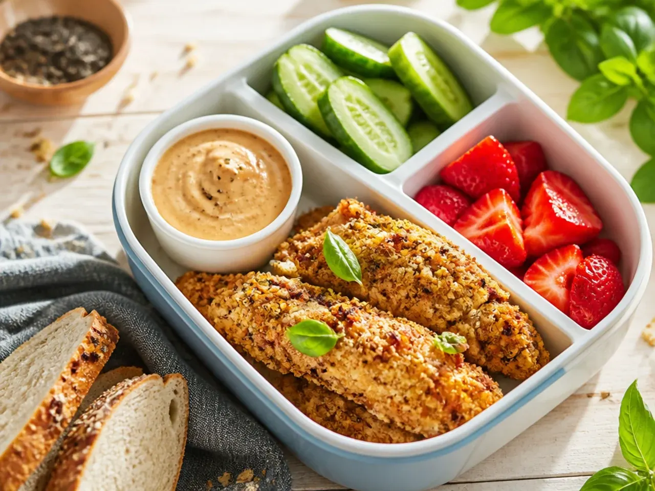 Golden crispy baked chicken tenders with a small pot of ketchup