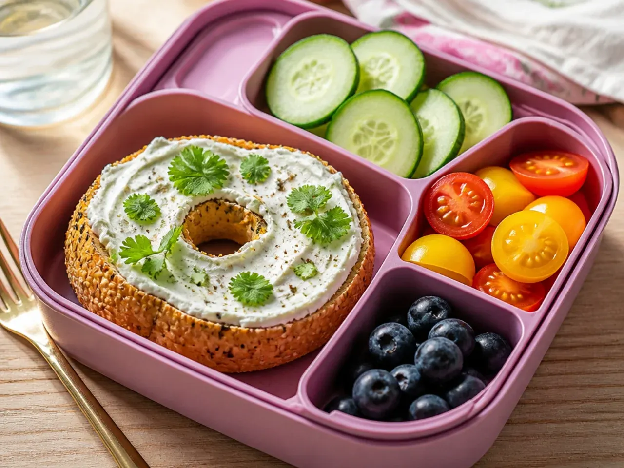 Toasted bagel halves with plain cream cheese and grapes in a lunch box