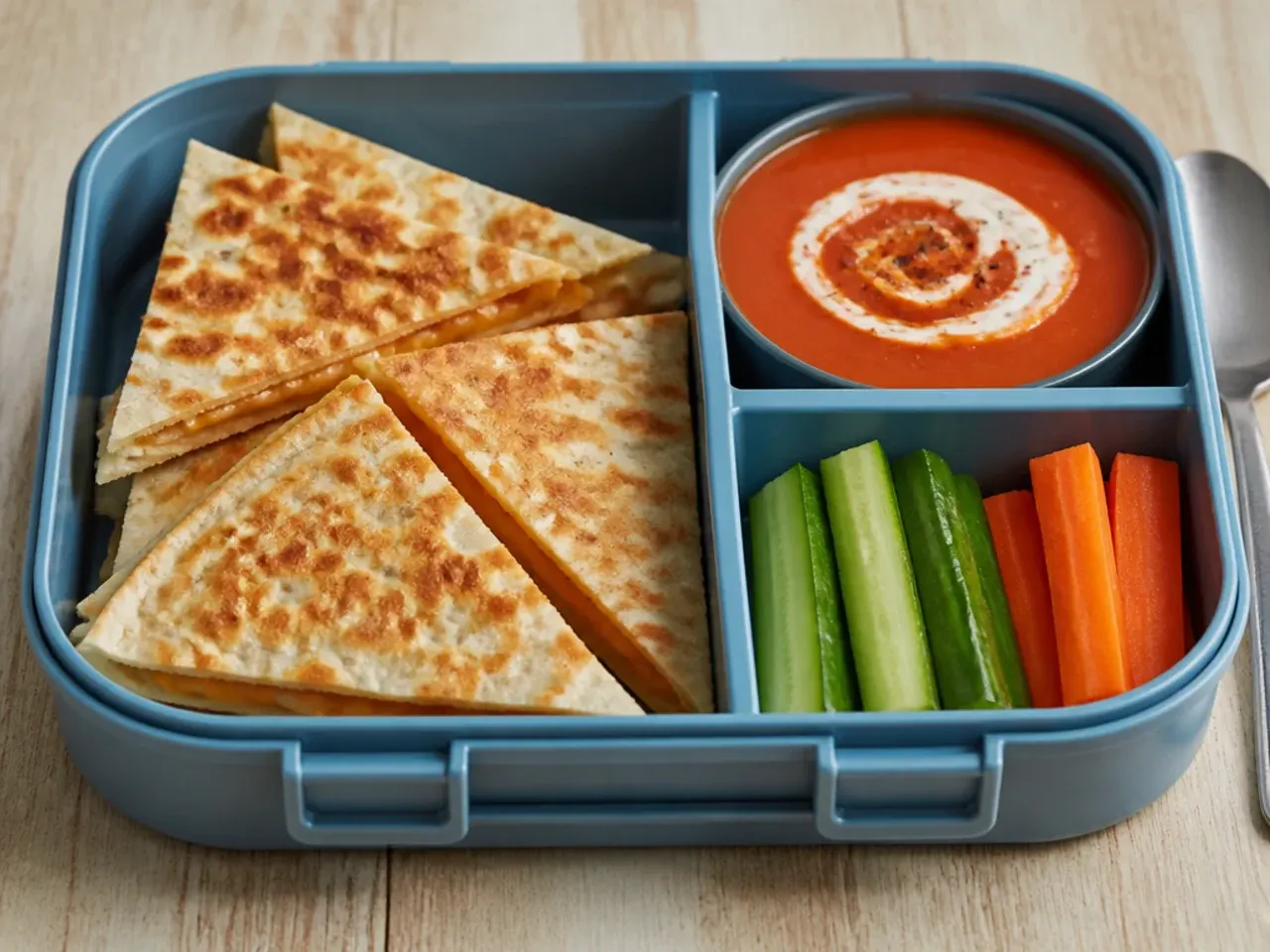 Golden cheese quesadilla cut into triangles in a lunch box