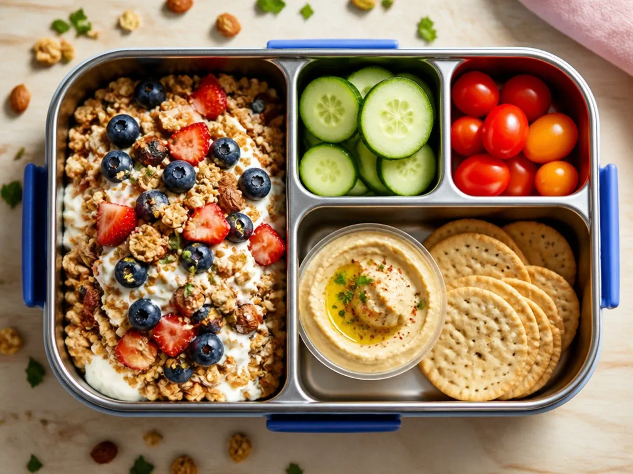 Layered yoghurt and granola parfait in a small screw-top jar