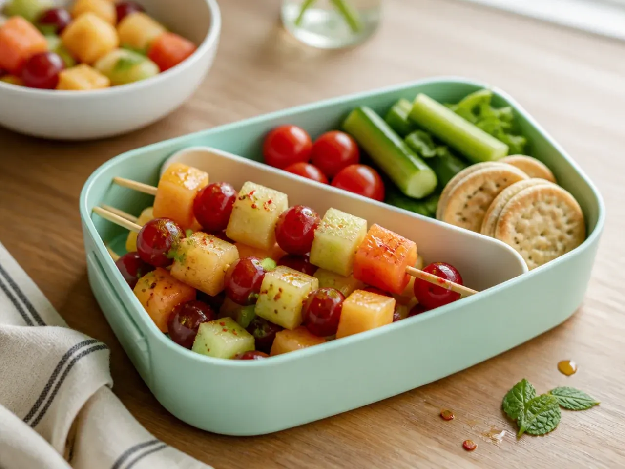 Melon and grape skewers arranged in a lunch box