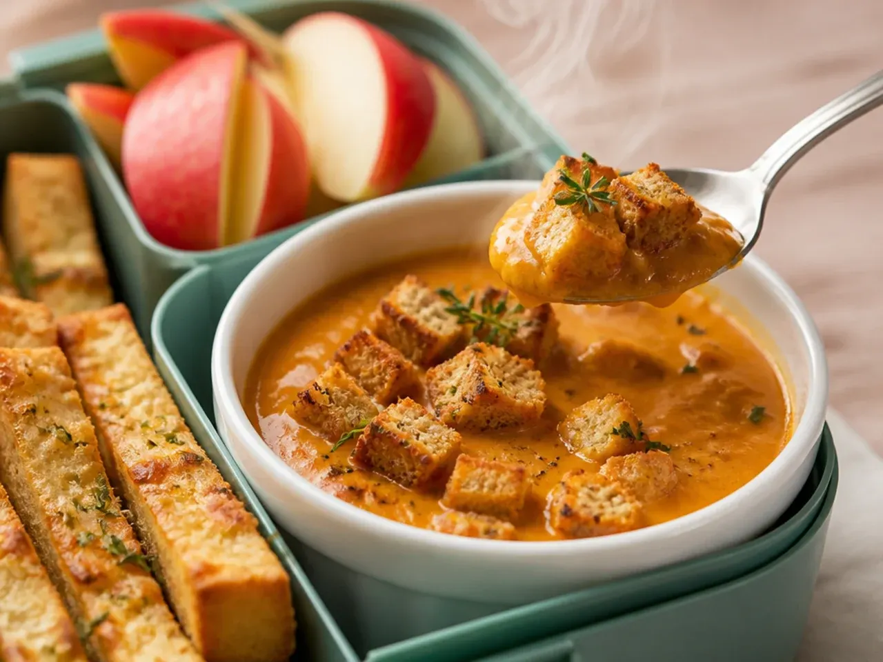 Cheese toast soldiers beside a flask of smooth tomato soup