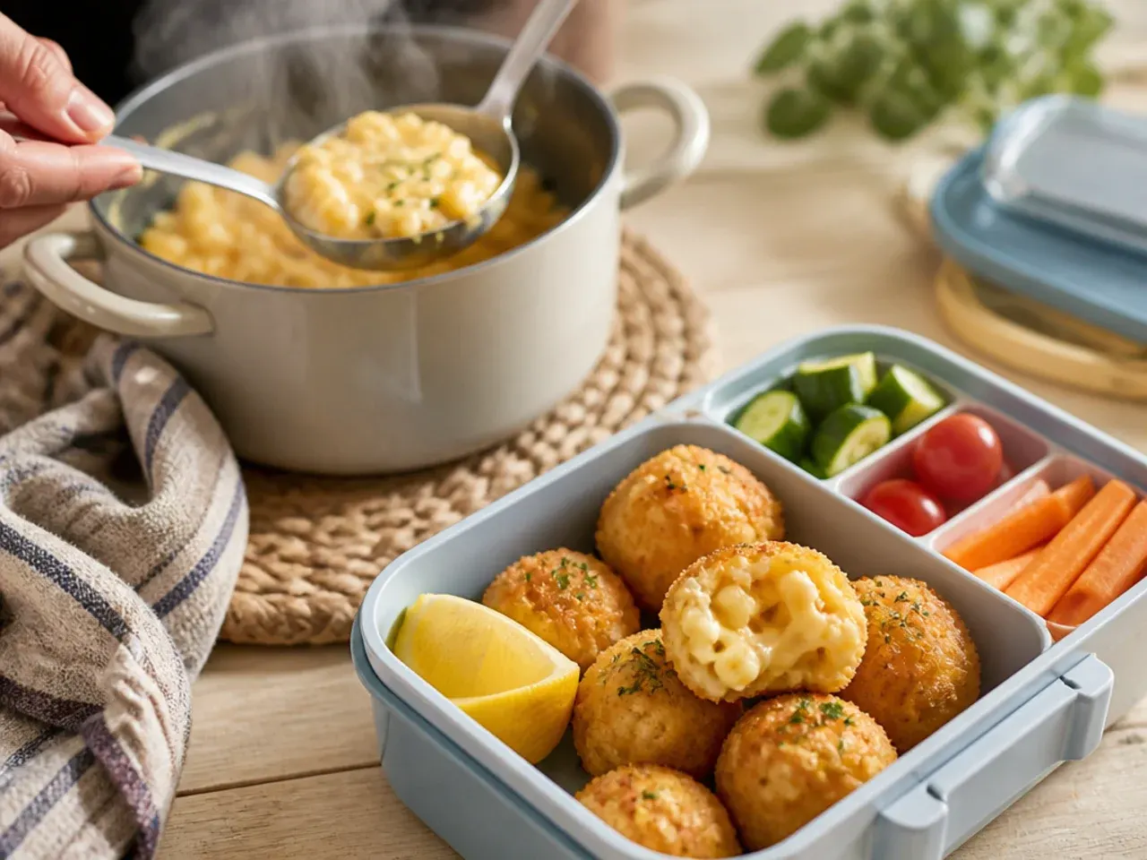 Breaded mac and cheese balls cooling on a tray before freezing