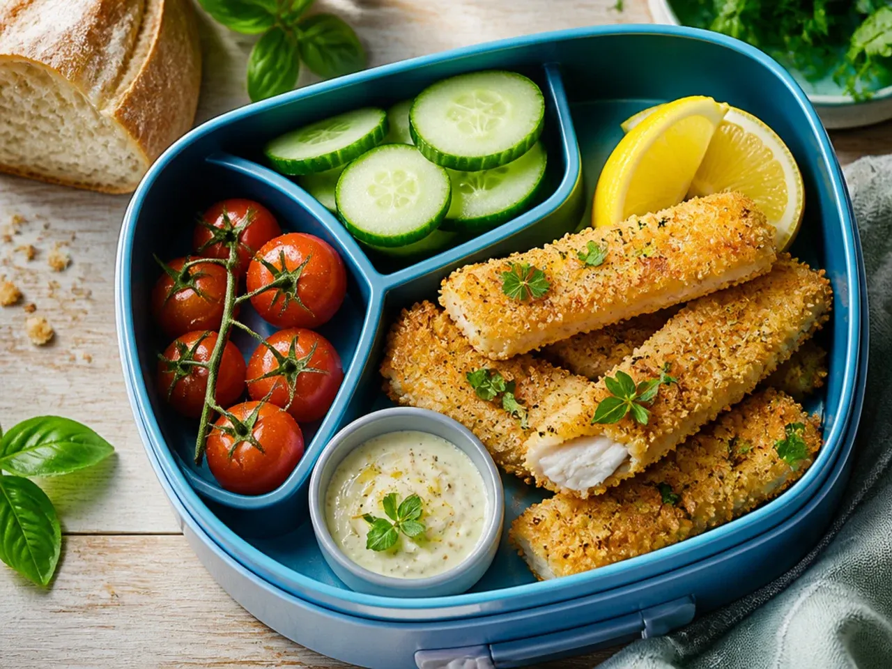 Golden fish fingers with a small pot of ketchup in a lunch box