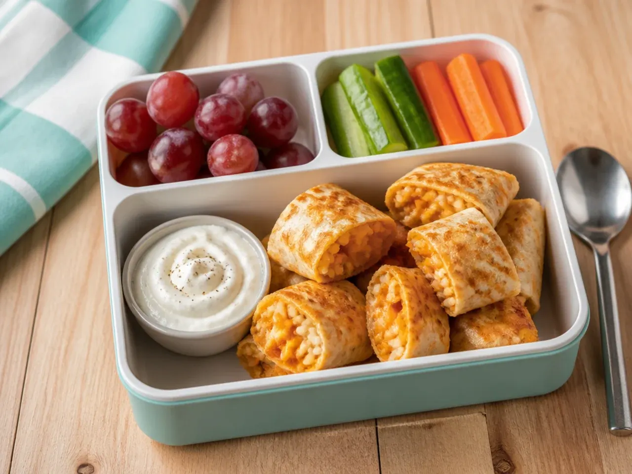Sliced cheese and bean burrito bites arranged in a lunch box