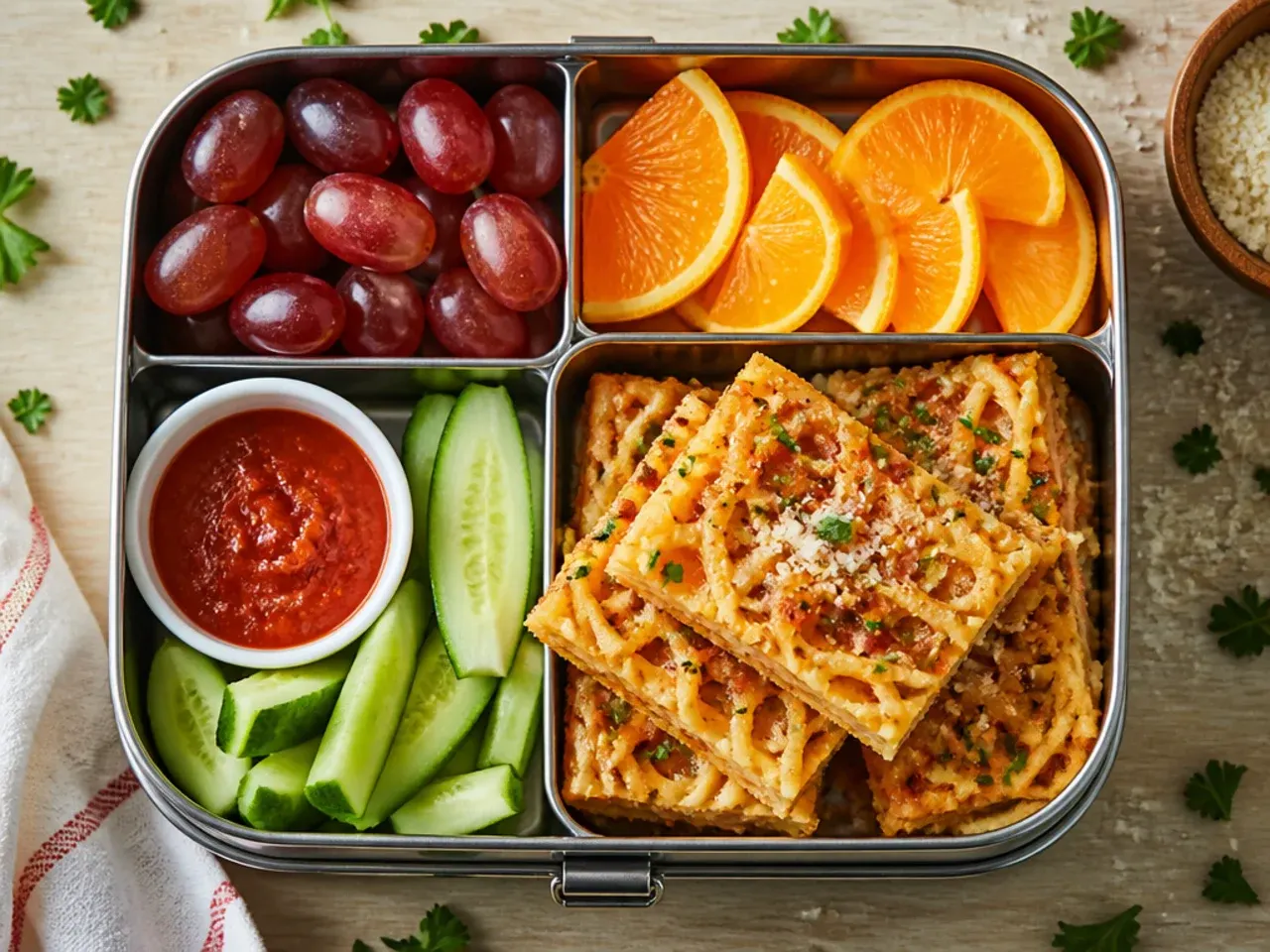 Spaghetti frittata cut into small squares on a chopping board