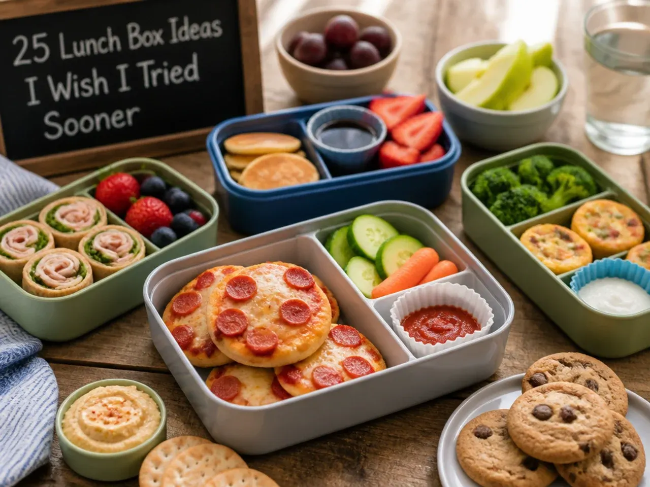 Lunch box with dip pots, a food flask and fun-shaped food arranged for a picky eater