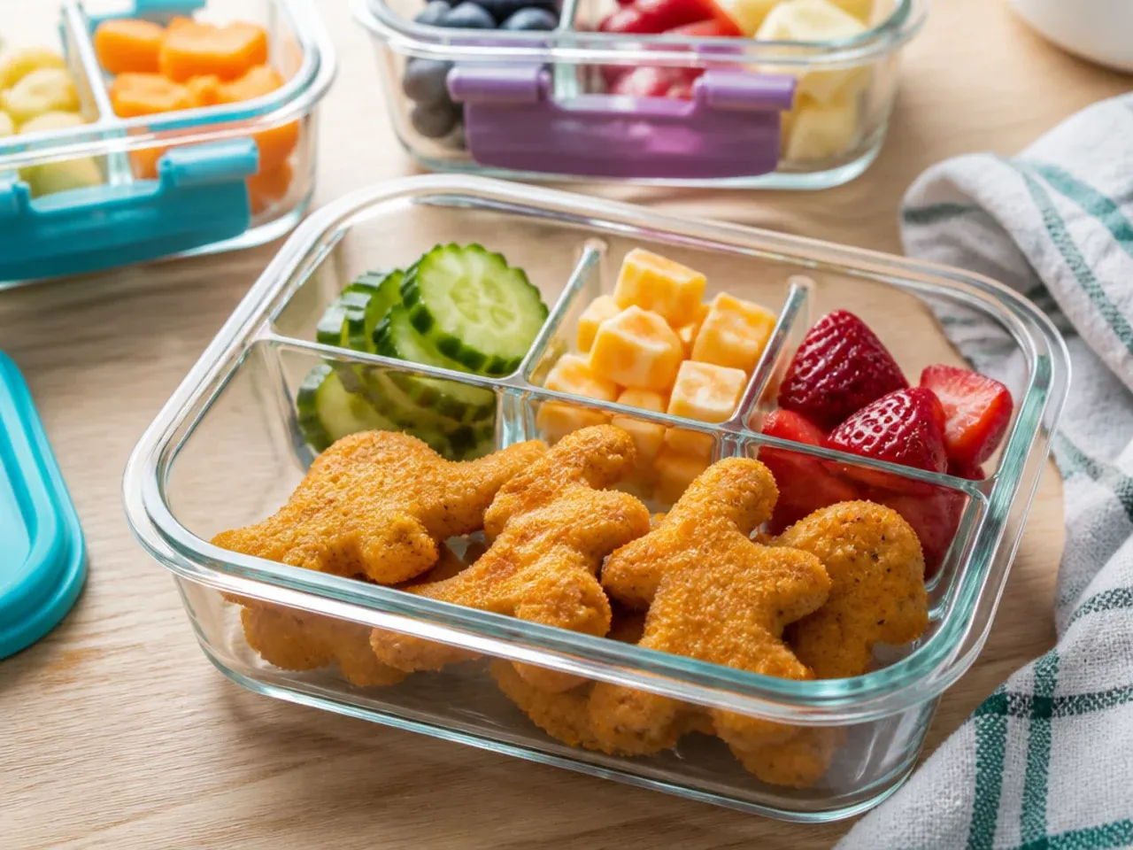 Stacked airtight containers of muffins and chicken tenders ready for the freezer