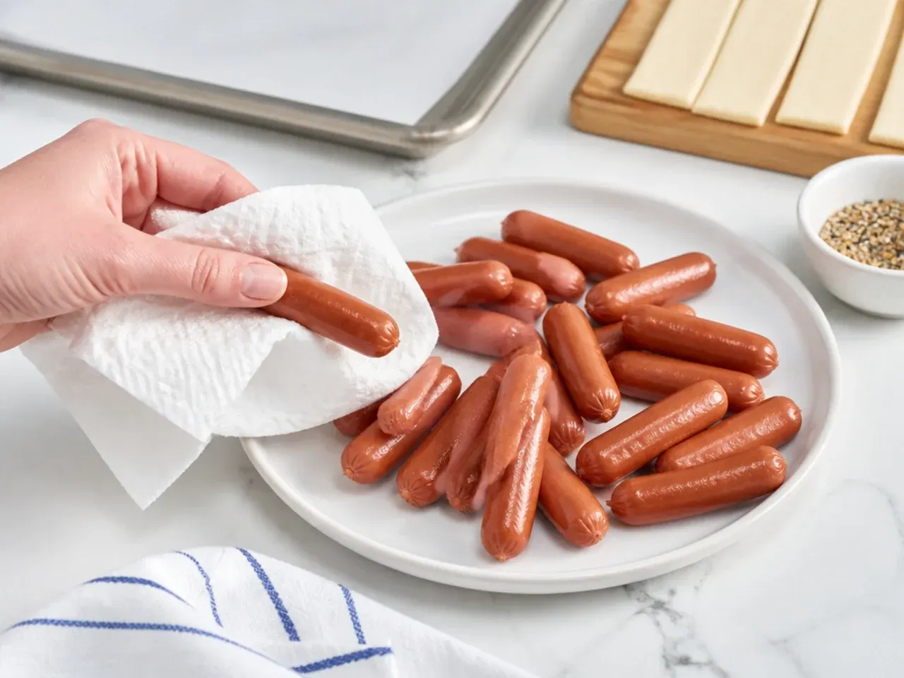 pigs in a blanket appetizer — step 2: dry the sausages