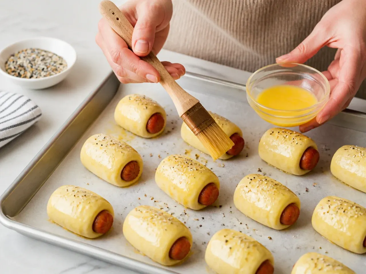 pigs in a blanket appetizer — step 5: egg wash and season