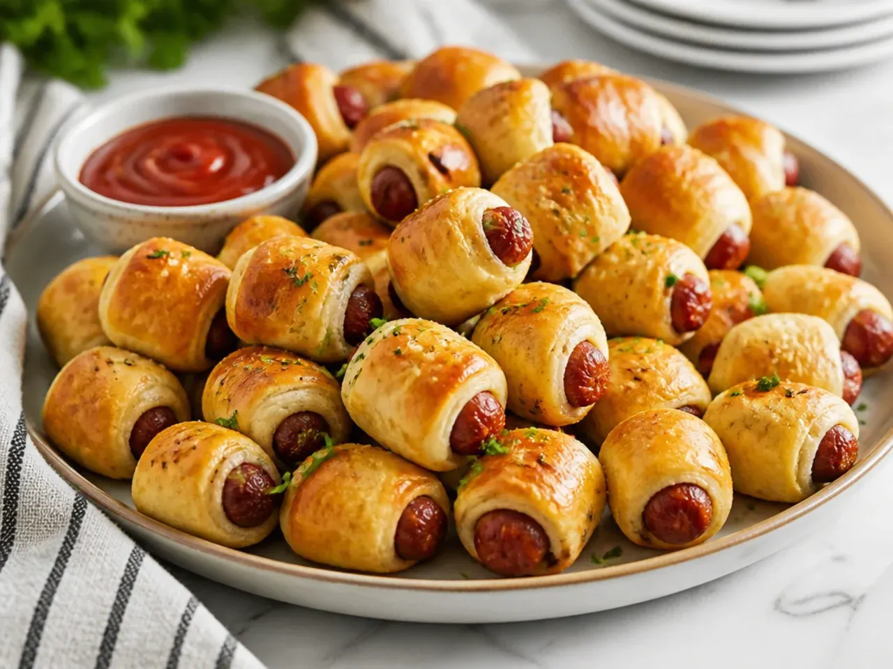 Golden pigs in a blanket appetizers piled on a platter with dipping sauce