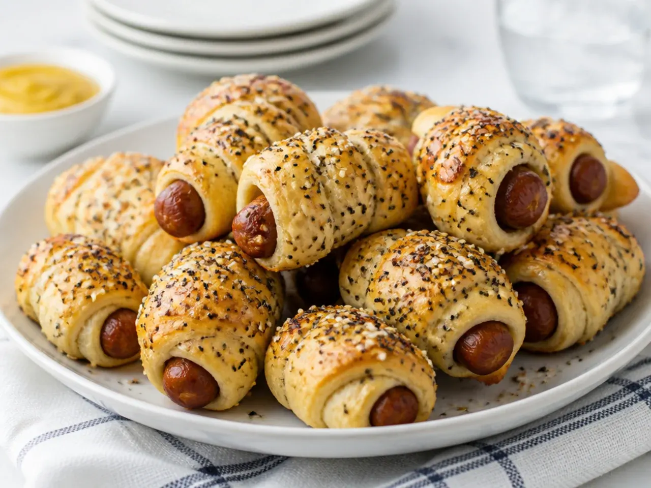 Everything bagel pigs in a blanket appetizers with sesame and poppy seed crust