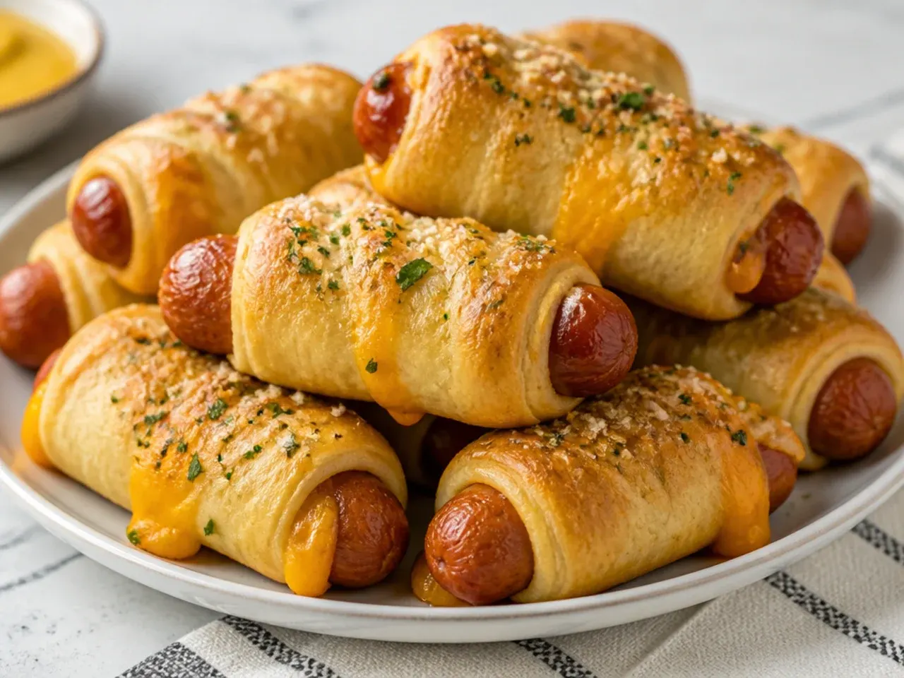 Cheddar-stuffed pigs in a blanket appetizer with melted cheese at the seam