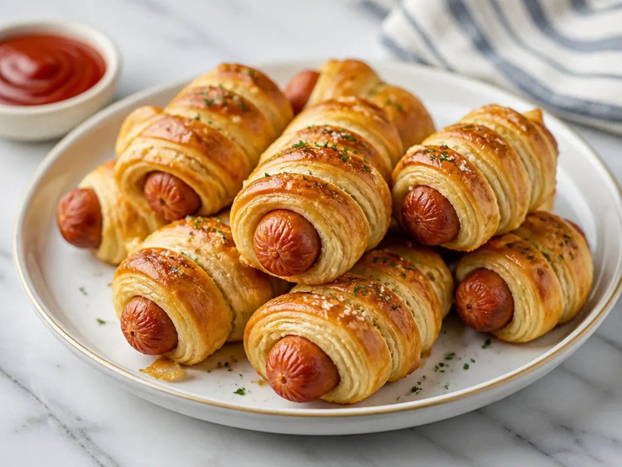 Elegant puff pastry pigs in a blanket appetizers with flaky golden spirals