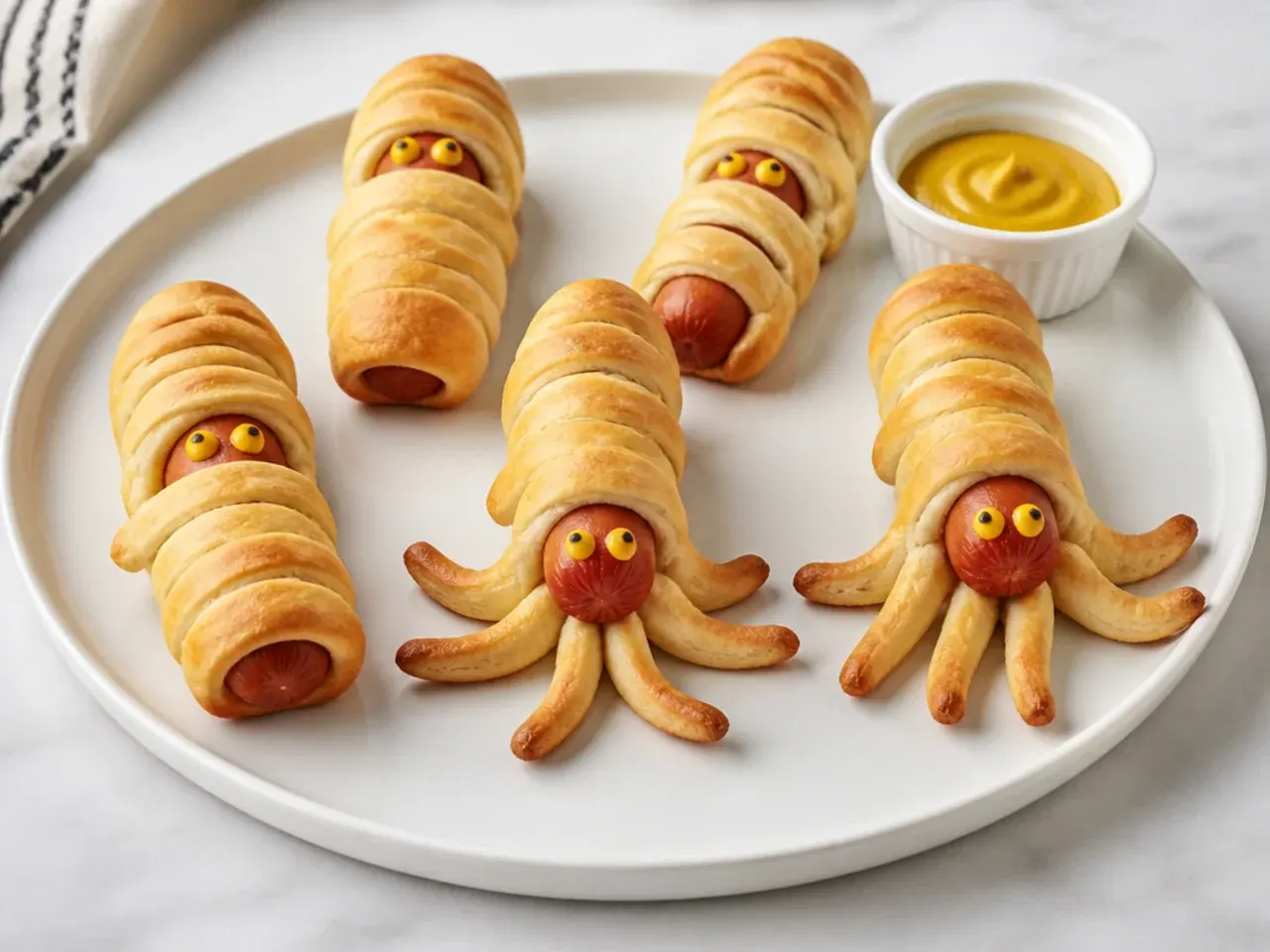 Playful mummy and octopus pigs in a blanket appetizers with mustard eyes