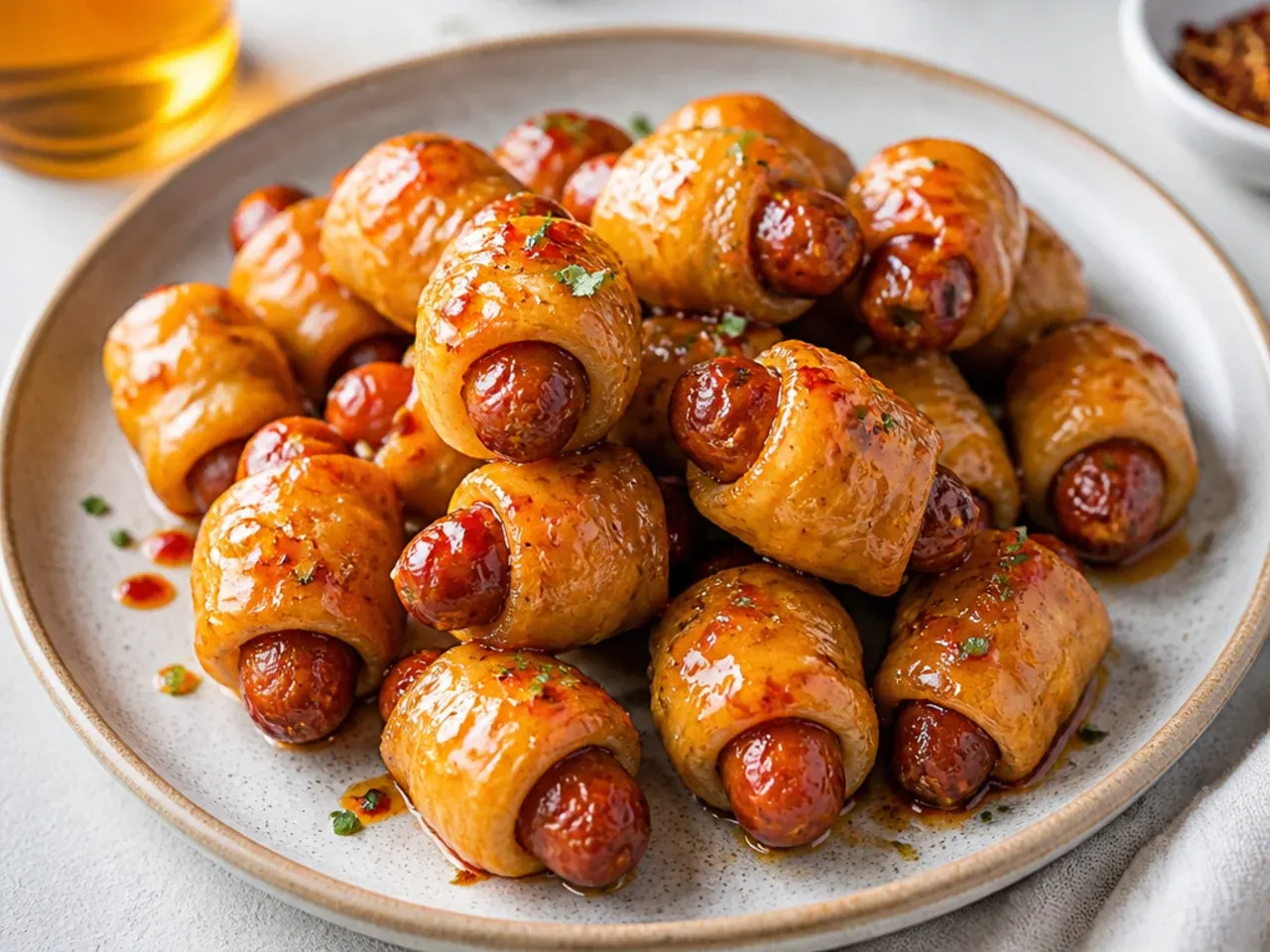 Hot honey glazed pigs in a blanket appetizer with sticky spicy finish