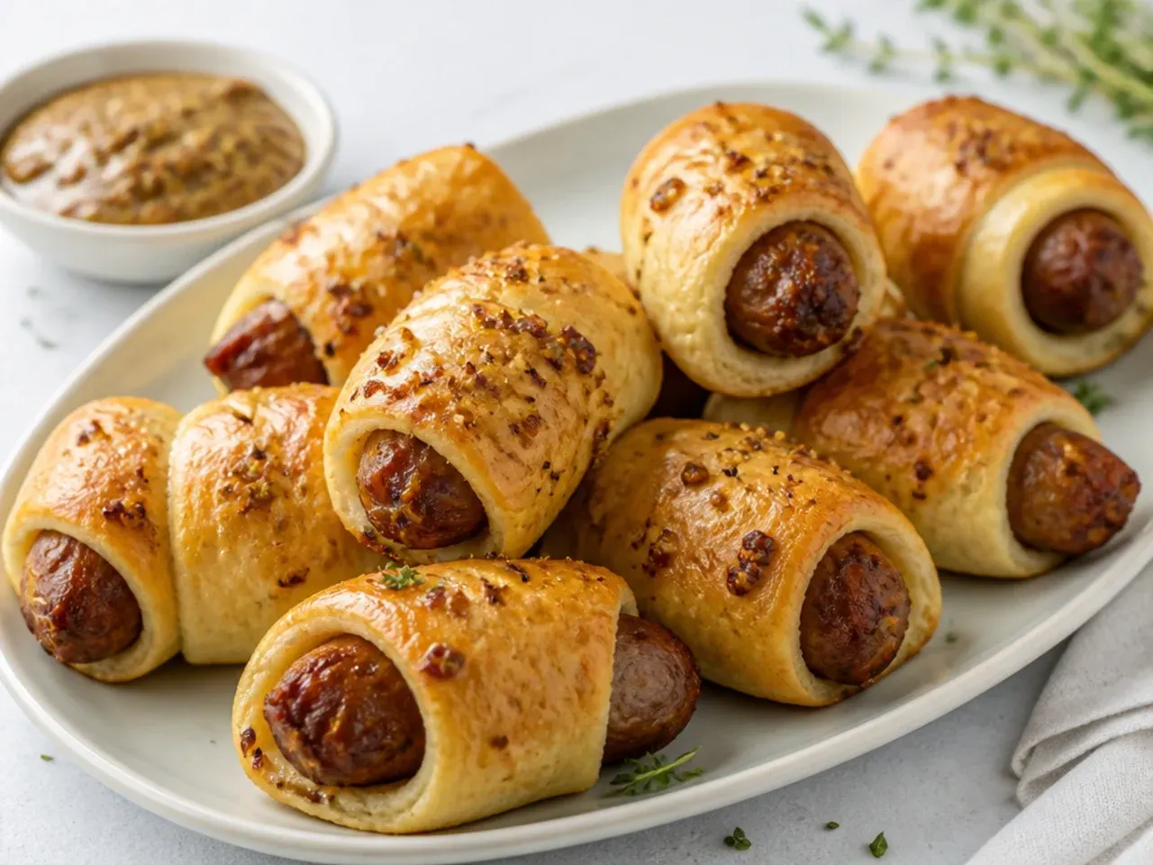 Rustic bratwurst pigs in a blanket appetizer brushed with whole-grain mustard