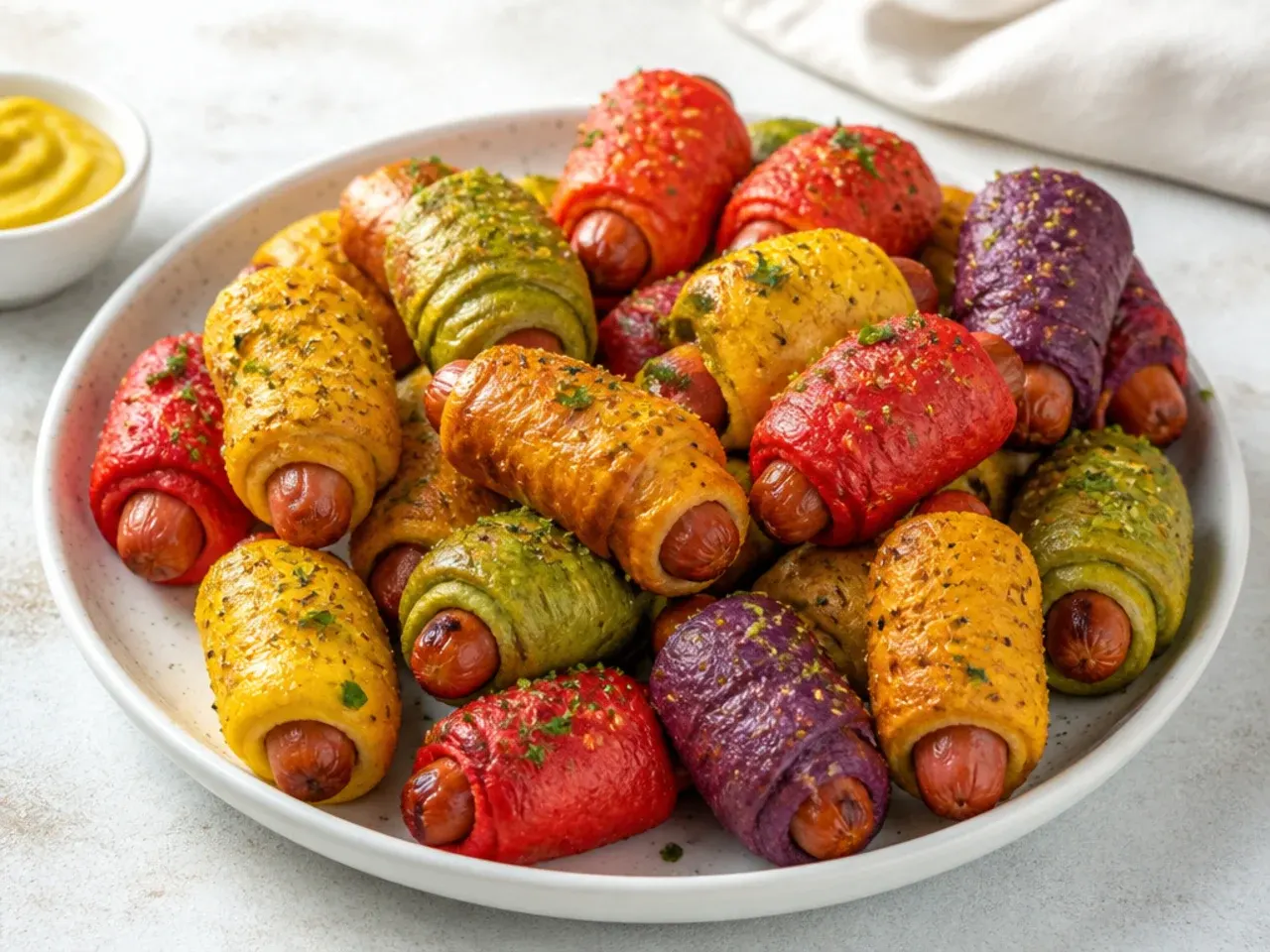 Colorful rainbow pigs in a blanket appetizers with paprika turmeric and herb seasonings