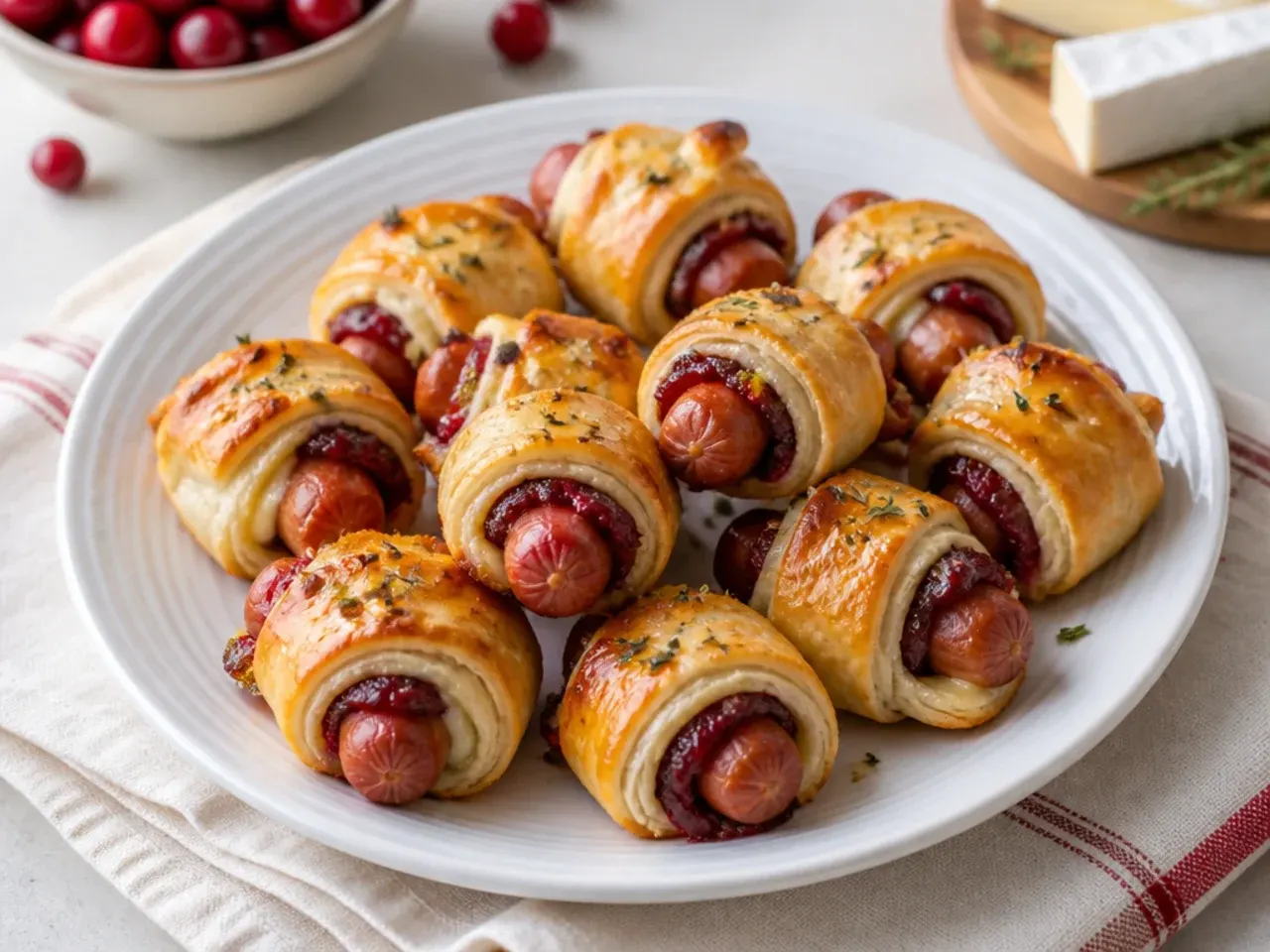 Festive cranberry and brie pigs in a blanket appetizer for the holiday table