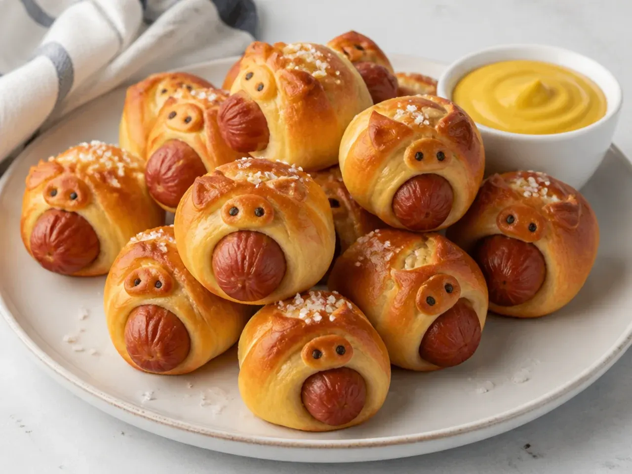 Whimsical soft-pretzel pigs in a blanket appetizers with coarse salt crust