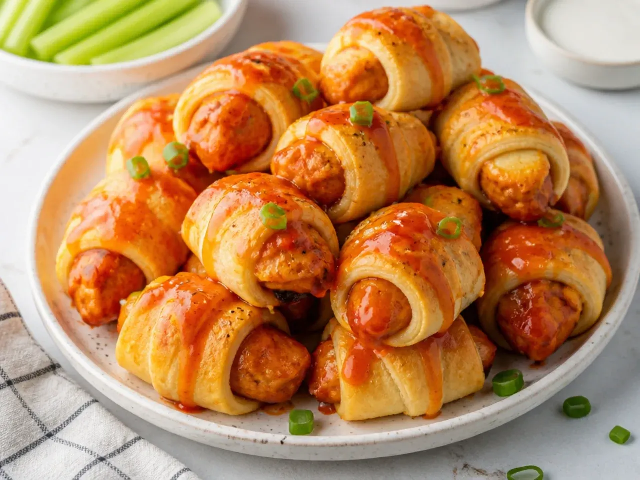 Bold buffalo chicken pigs in a blanket appetizer with tangy red-orange glaze