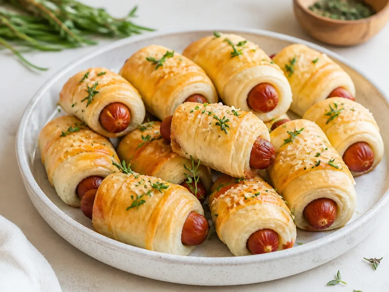 Delicate herb and parmesan pigs in a blanket appetizers with chive and thyme