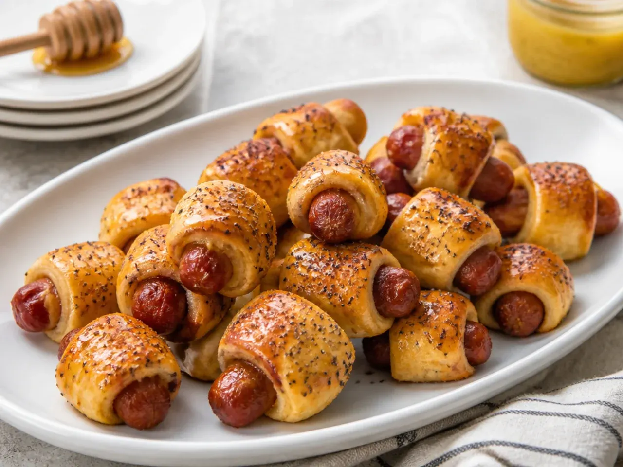 Vintage honey-mustard glazed pigs in a blanket appetizers with poppy seeds