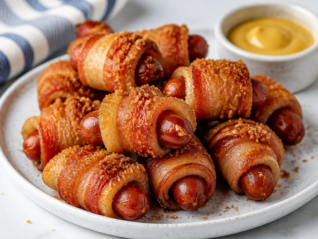 Creative bacon-wrapped pigs in a blanket appetizer with candied brown sugar edge