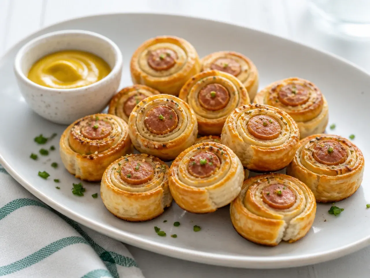 Charming pinwheel pigs in a blanket appetizers sliced from a rolled dough log