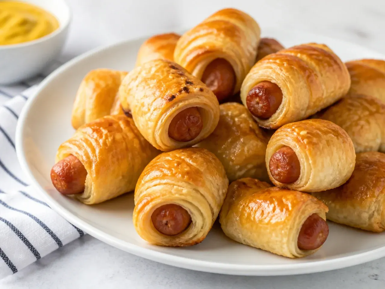 Classic mini sausage roll pigs in a blanket appetizers in flaky puff pastry