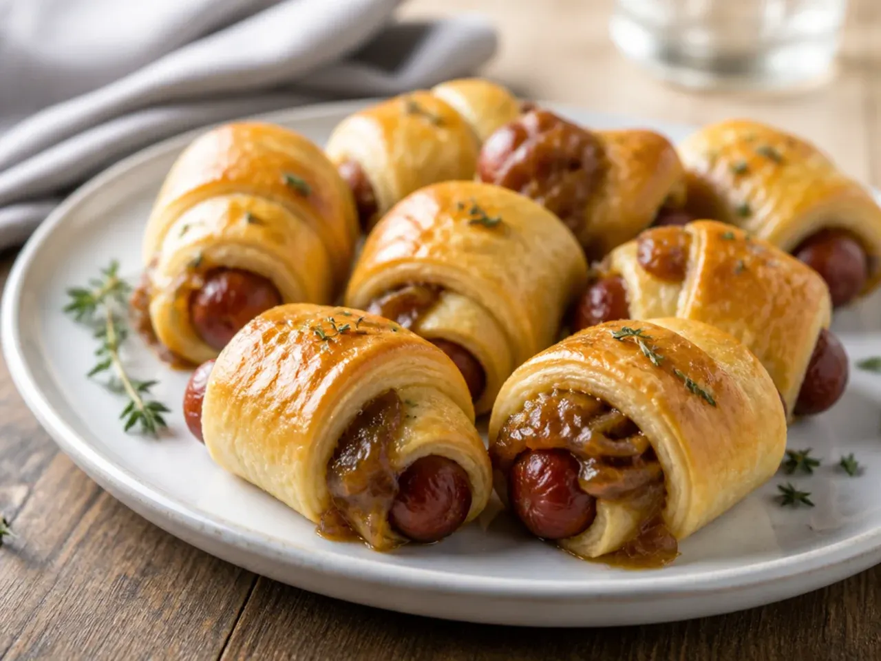 Elegant gruyere and caramelized onion pigs in a blanket appetizer