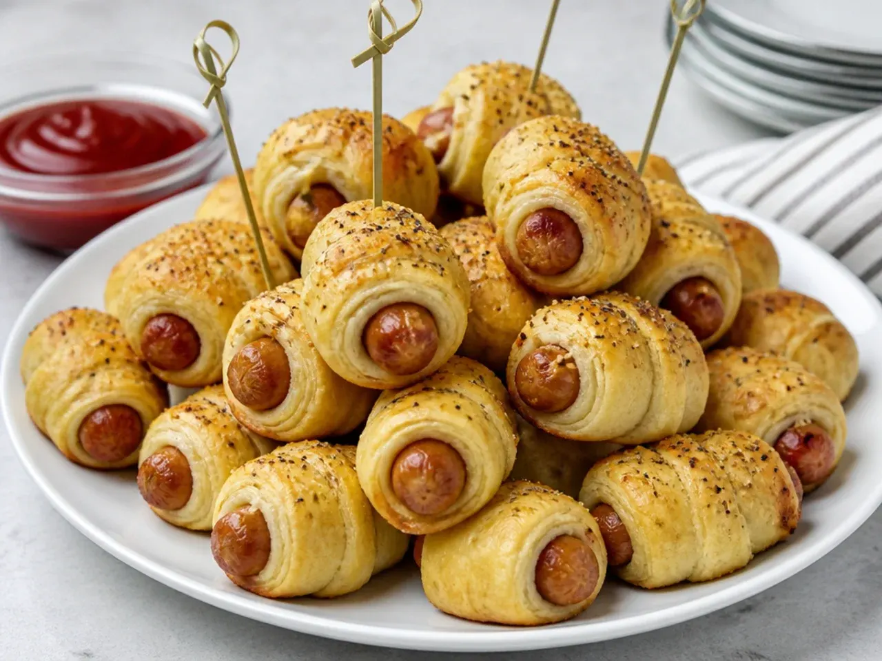 Playful mini corn dog pigs in a blanket appetizers on cocktail picks